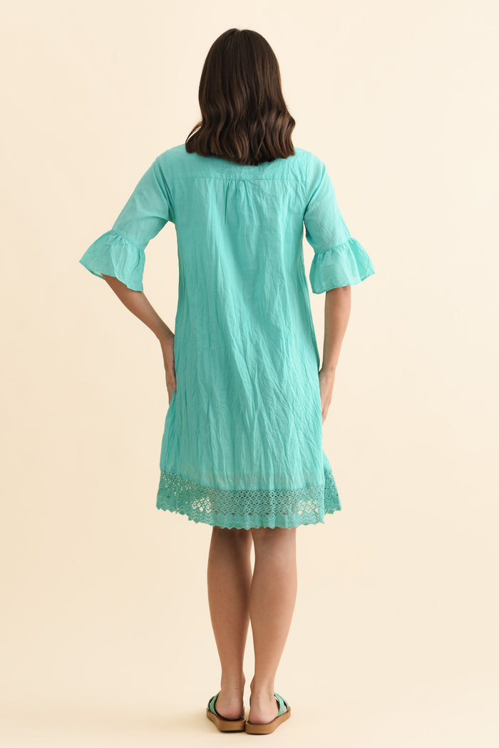 Cayman Sky Blue Cotton Tunic Dress,Brunette model,alt text|model:MJ