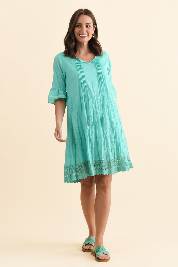Cayman Sky Blue Cotton Tunic Dress,Brunette model,alt text|model:MJ