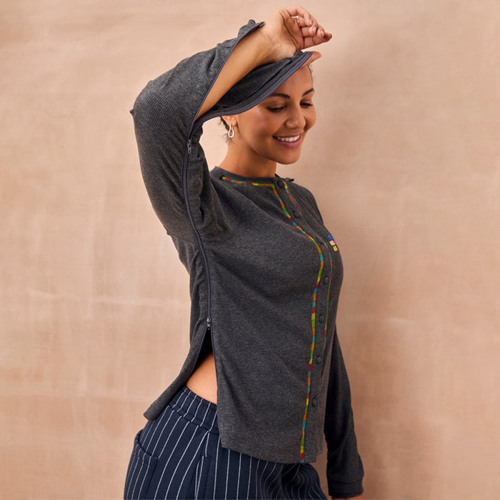 Charcoal Life is Tough Honey T-Shirt featuring functional side and arm zips with a multicoloured embroidered trim.