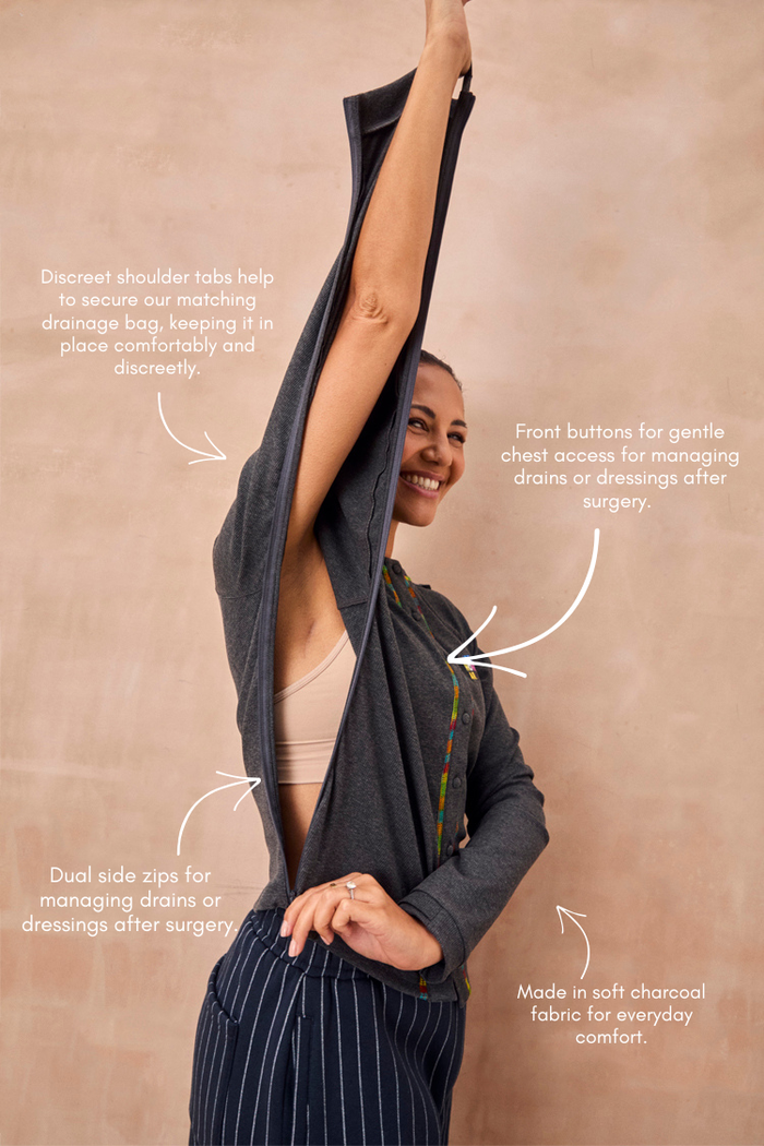 Charcoal Life is Tough Honey T-Shirt with functional side zips and shoulder tabs for accessible treatment wear.