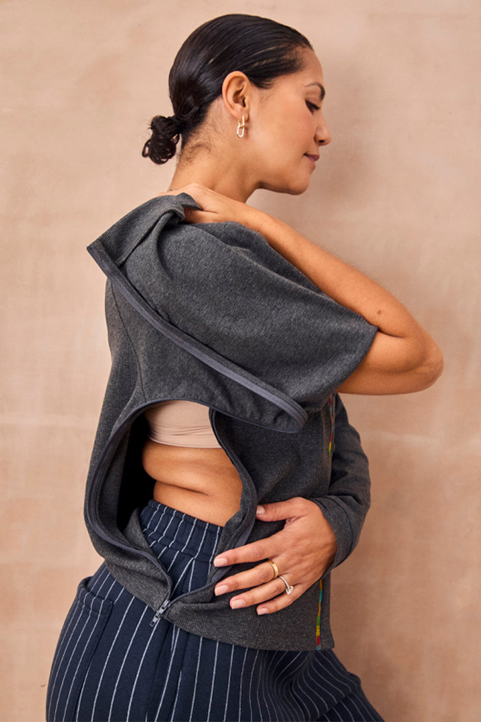 Charcoal Life is Tough Honey T-shirt with a functional side zip for medical treatment accessibility.