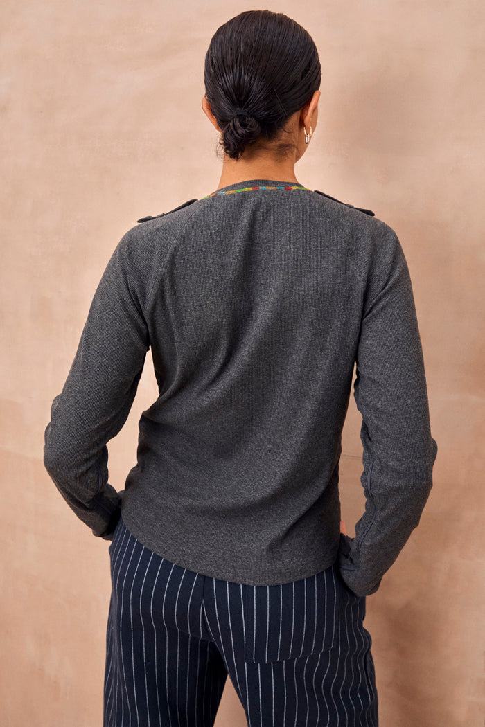 Charcoal Life is Tough Honey T-Shirt featuring a multicoloured neckline trim and functional shoulder tabs.