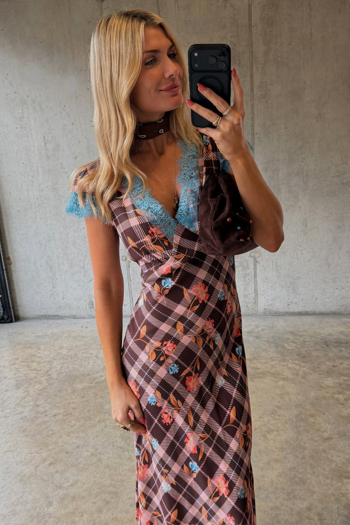 Check Floral Dress in chocolate brown with check and floral prints, featuring contrast blue lace trim on the neckline.