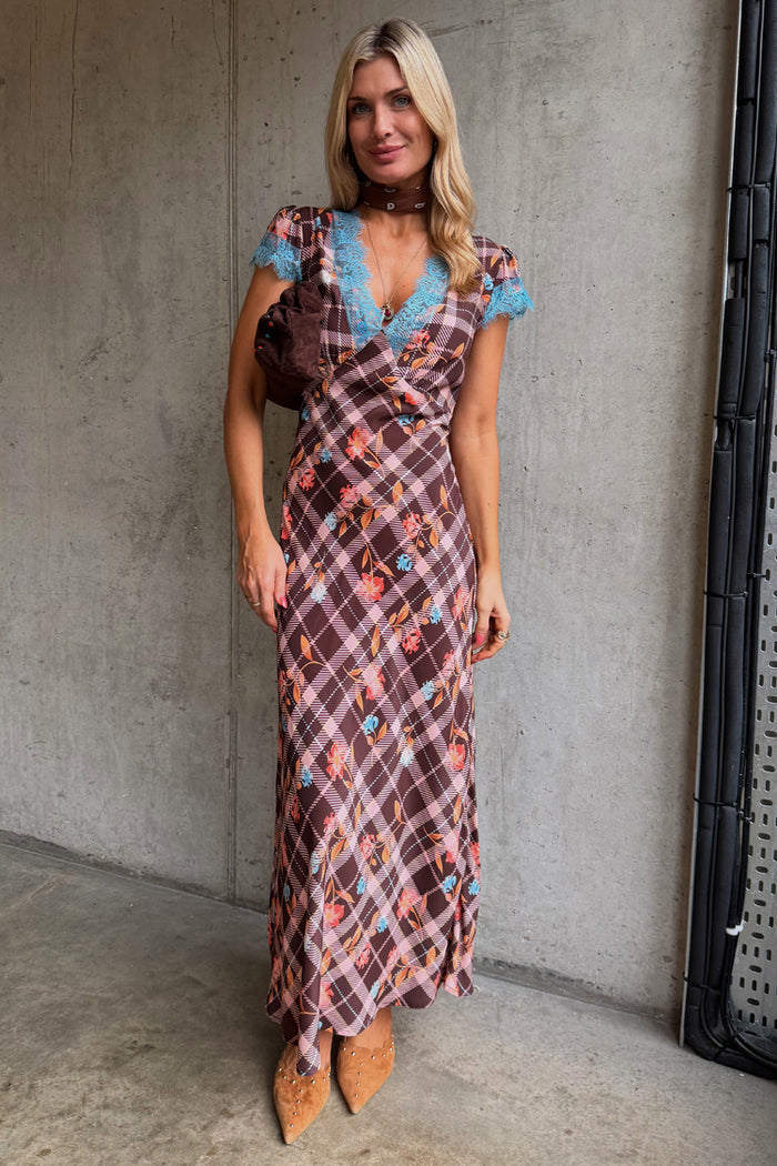 Chocolate brown Check Floral Dress featuring a mix of check and floral prints with contrast blue lace detailing.