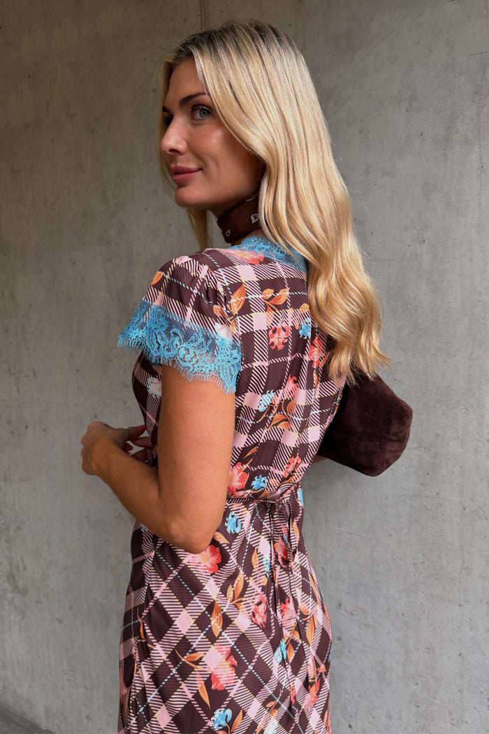 Chocolate brown Check Floral Dress with vibrant blue lace sleeves and a mixed floral and check print.
