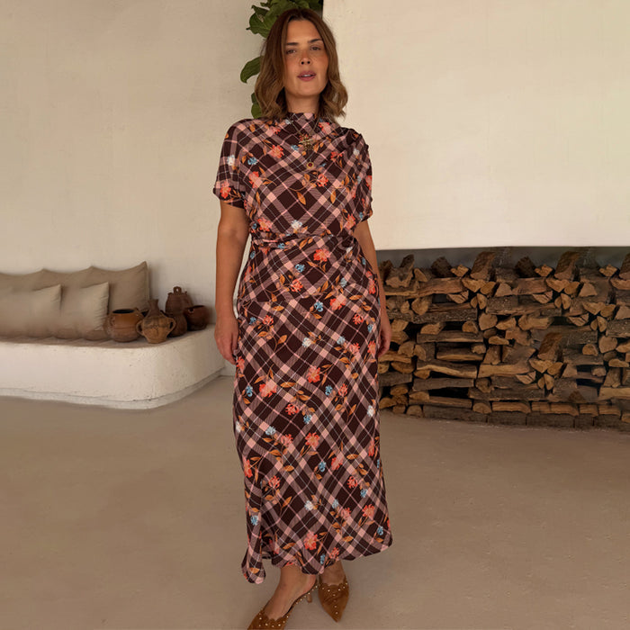 Chocolate Check Floral Lottie midi skirt and matching top co-ord, styled in a minimalist rustic setting.