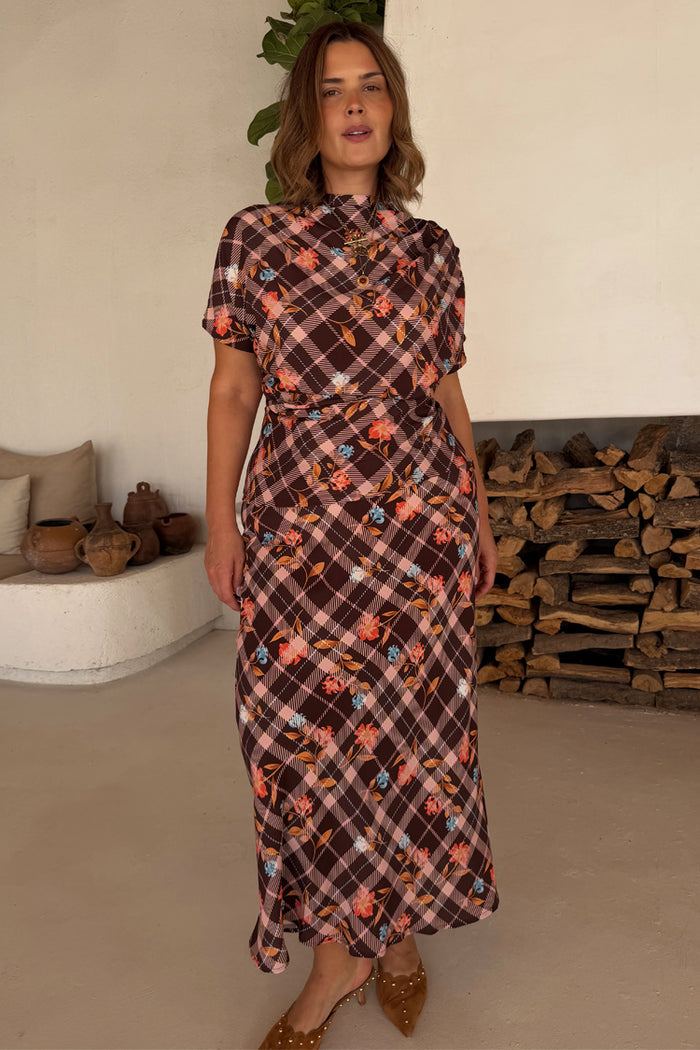 Chocolate Brown Check Floral Lottie Skirt with pink checks and orange motifs, styled as a matching midi co-ord.