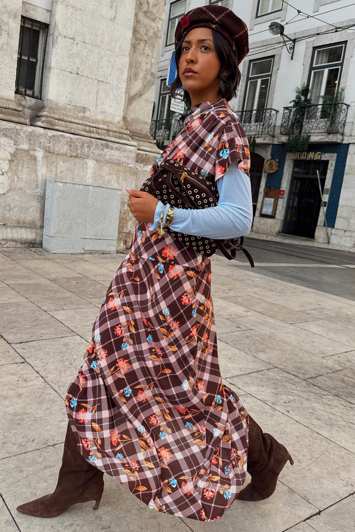 Chocolate brown Check Floral Lottie Skirt co-ord with floral motifs, styled with a beret and suede boots.