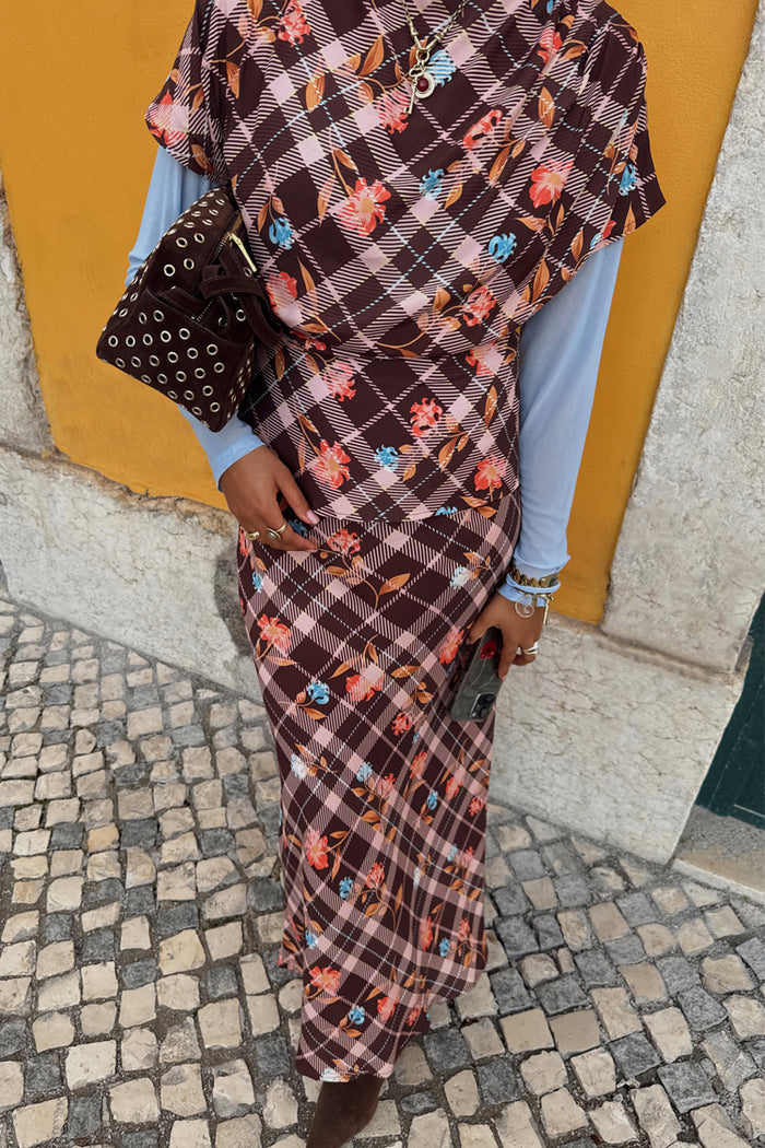 Chocolate brown Check Floral Lottie Skirt and matching top co-ord with vibrant floral motifs.