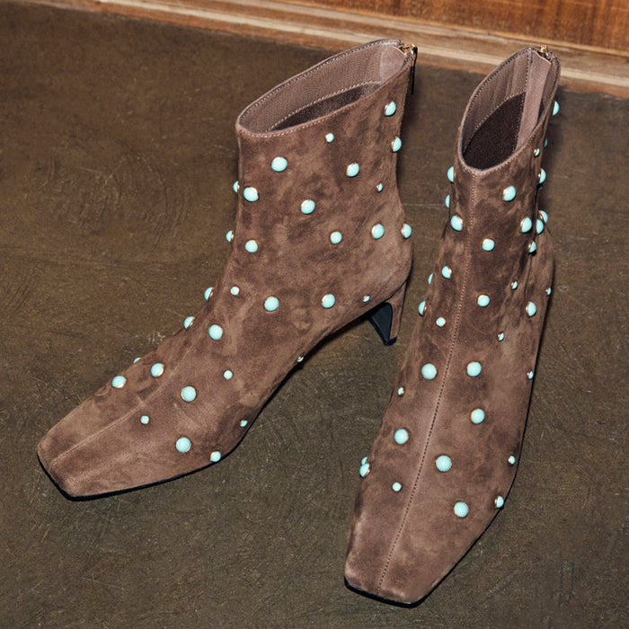 Chocolate Studded Suede Boots in brown suede featuring turquoise studs, a square toe and thin block heel.