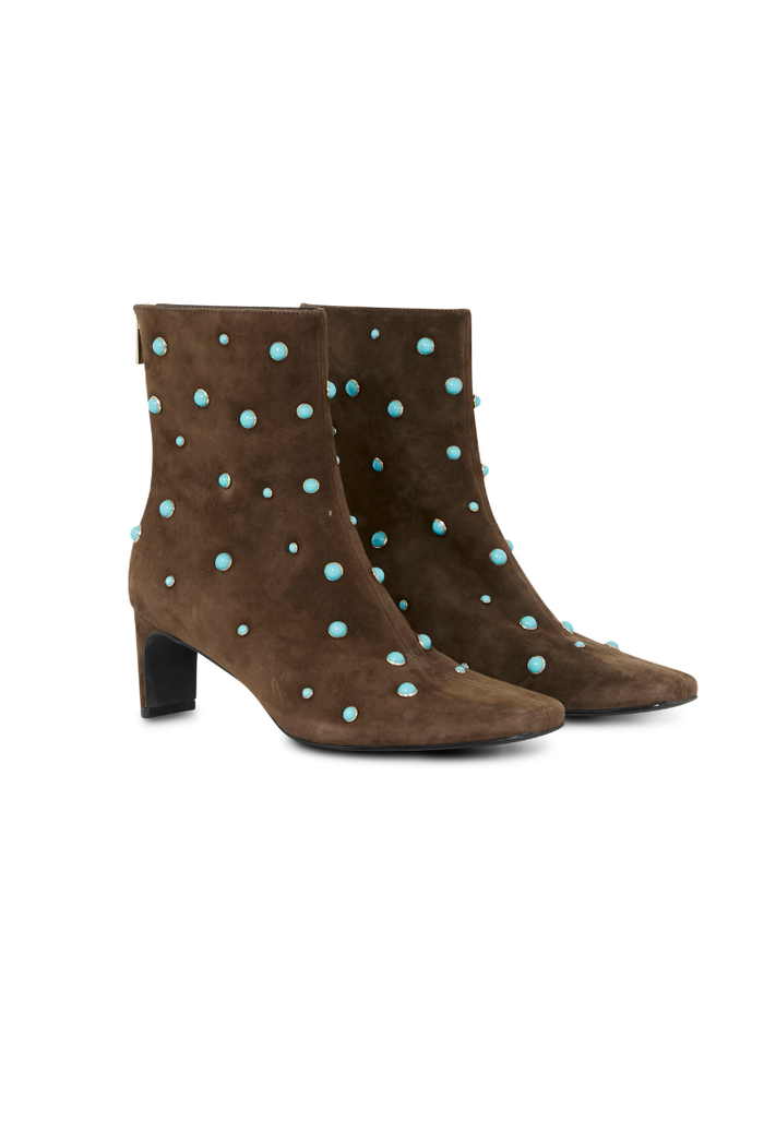 Chocolate Studded Suede Boots in brown suede with turquoise studs, a square toe, and a thin block heel.
