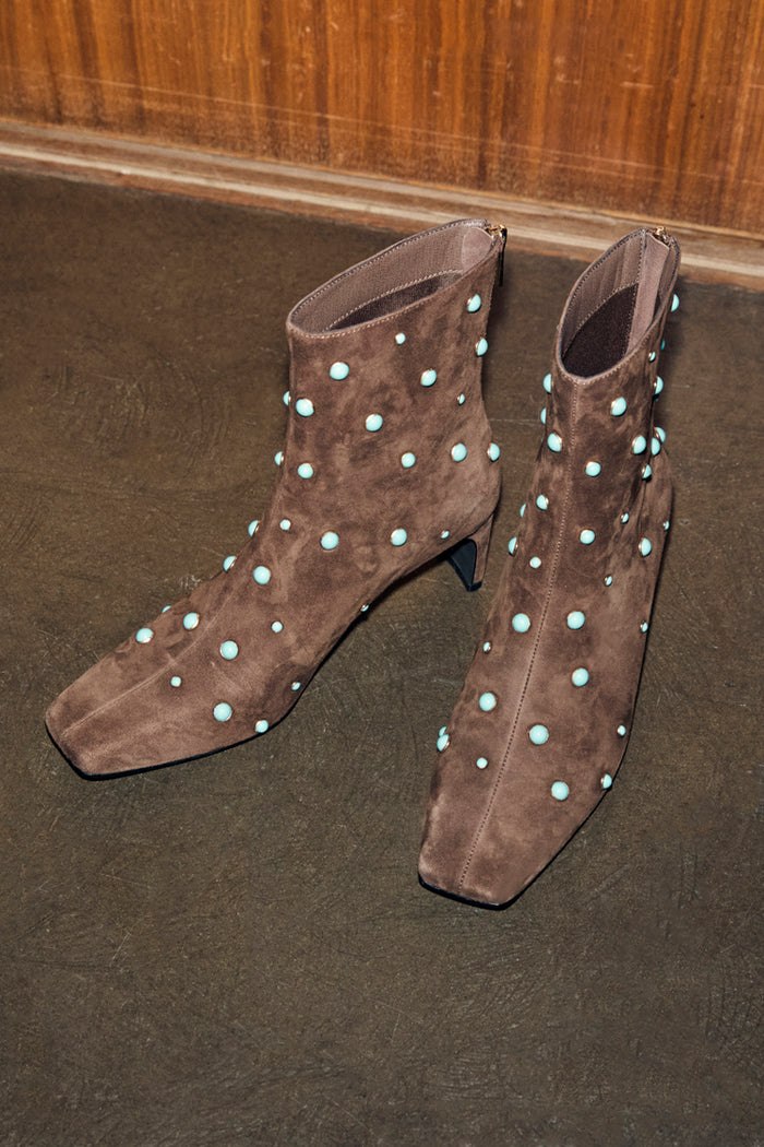 Chocolate Studded Suede Boots in brown suede with turquoise studs, a square toe and low block heel.