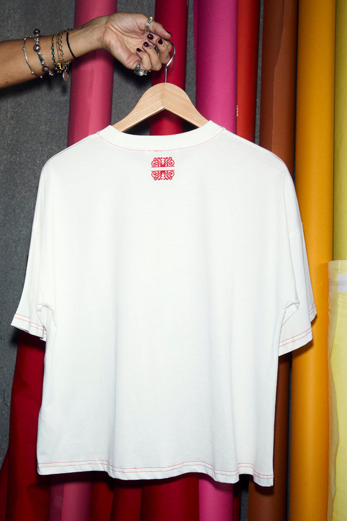 White cotton Choose Love T-Shirt featuring red contrast stitching and a red logo detail on the back neck.