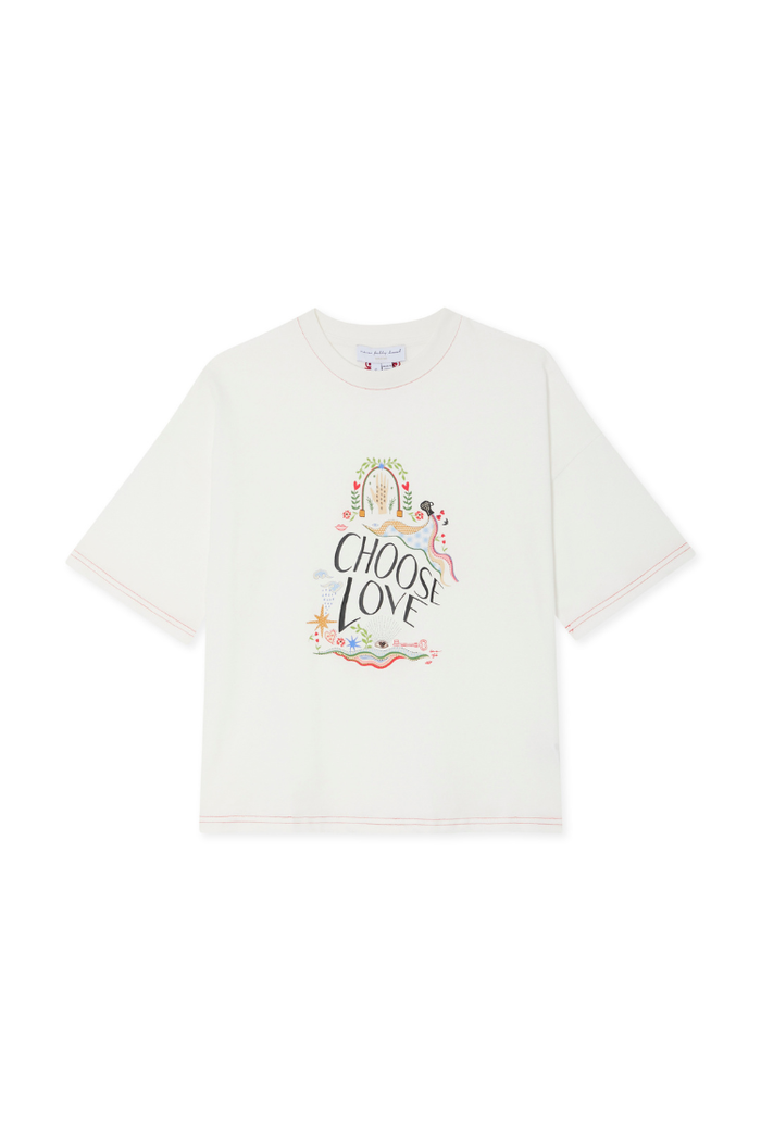 White cotton Choose Love T-Shirt with vibrant illustrations and red contrast stitching at the collar and hems.