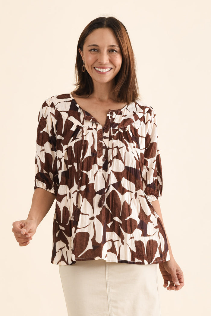 Claris Chocolate Garden Crinkle Cotton Top,Front,Brunette model,alt text|model:Cara