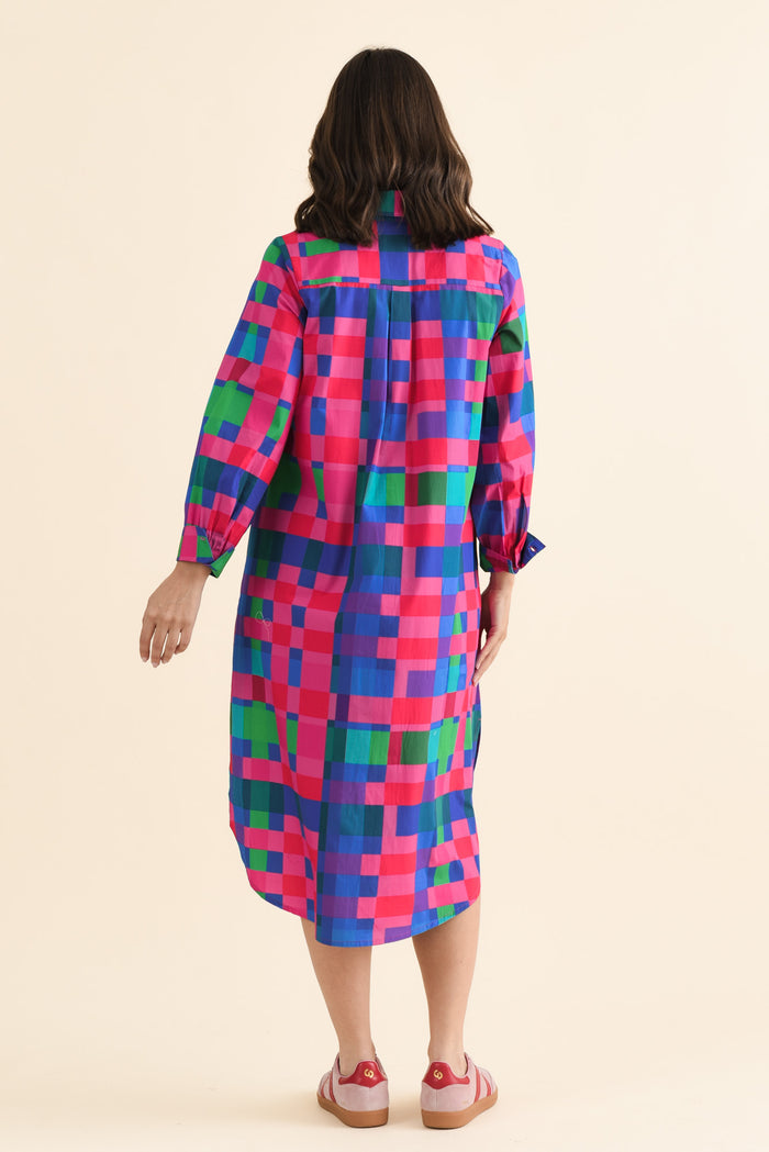 Claude Pink Gingham Cotton Poplin Dress,brunette model,Back of Outfit,alt text|model:MJ
