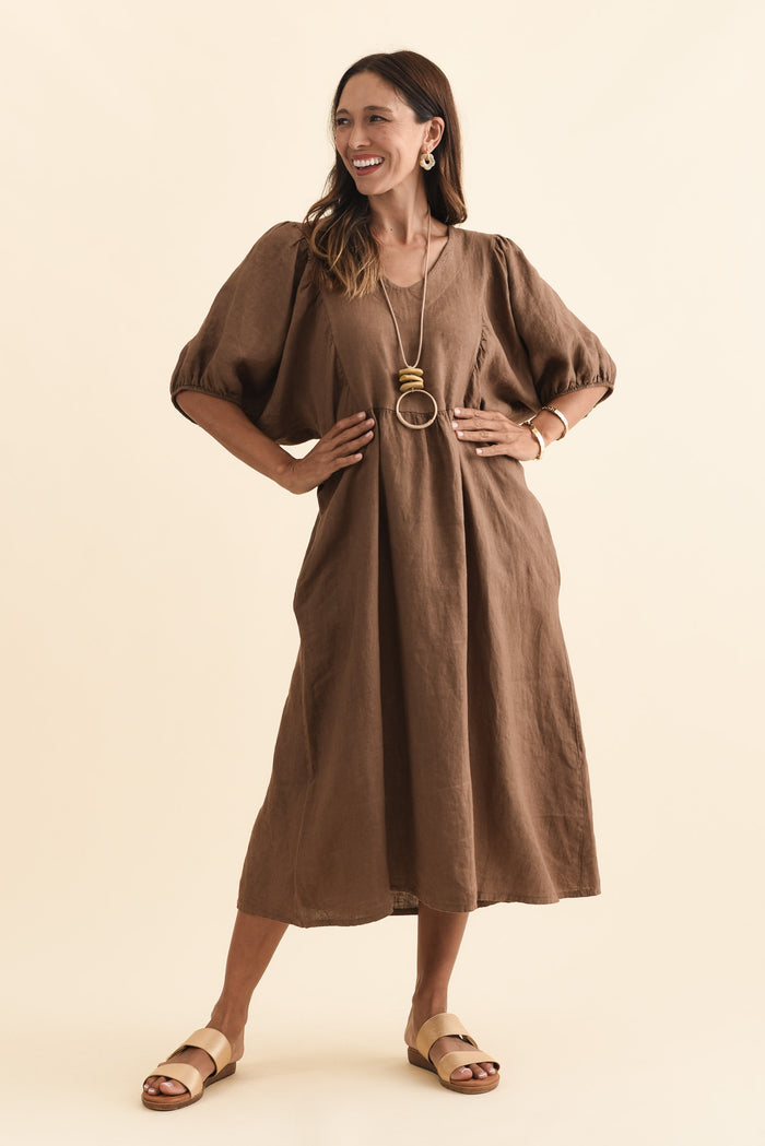 Claudine Chocolate Linen Pocket Dress,Brunette model,alt text|model:Cara