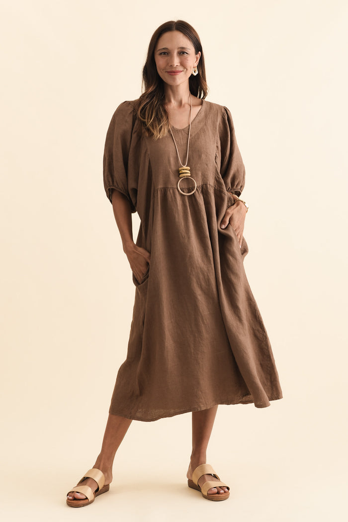Claudine Chocolate Linen Pocket Dress,Brunette model,alt text|model:Cara
