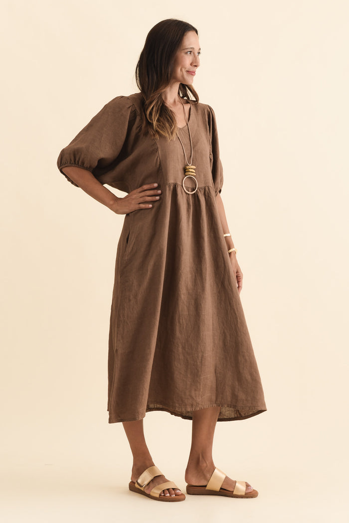 Claudine Chocolate Linen Pocket Dress,Brunette model,alt text|model:Cara