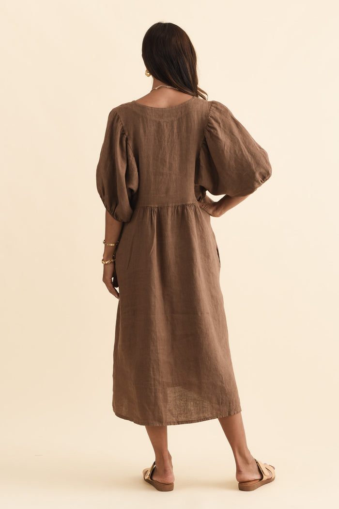 Claudine Chocolate Linen Pocket Dress,Brunette model,alt text|model:Cara