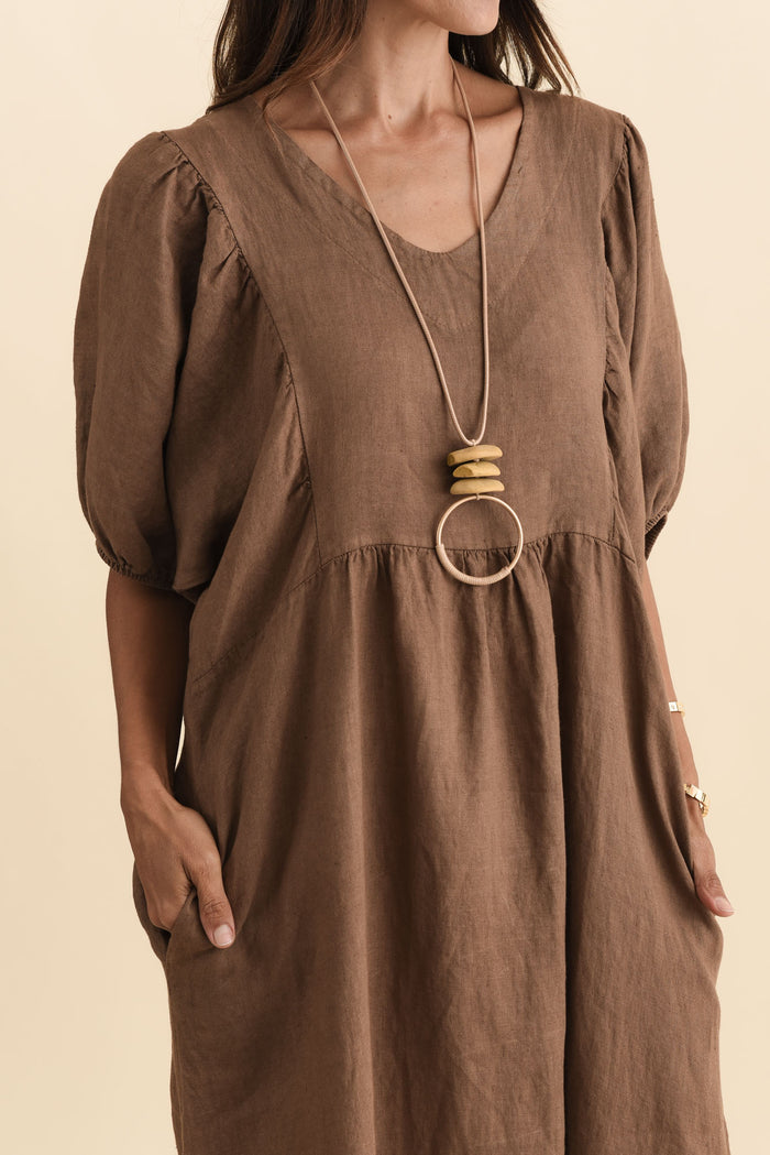 Claudine Chocolate Linen Pocket Dress,Brunette model,alt text|model:Cara