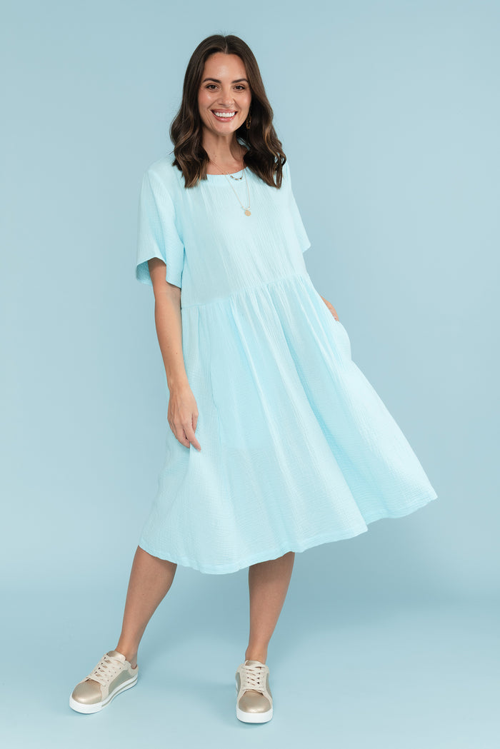 Cloud Gauze Light Blue Cotton Pocket Dress,Lifestyle