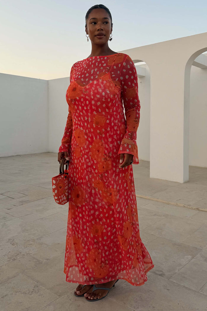 Coral Fawn Poppy Aria Dress in sheer mesh with a pink deer and orange poppy print, featuring flared sleeves.