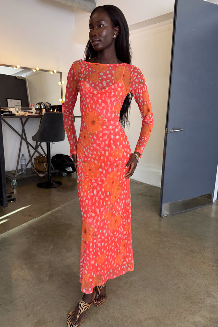 Coral Fawn Poppy Aria Dress in sheer mesh with a pink deer and orange poppy print over a matching slip.