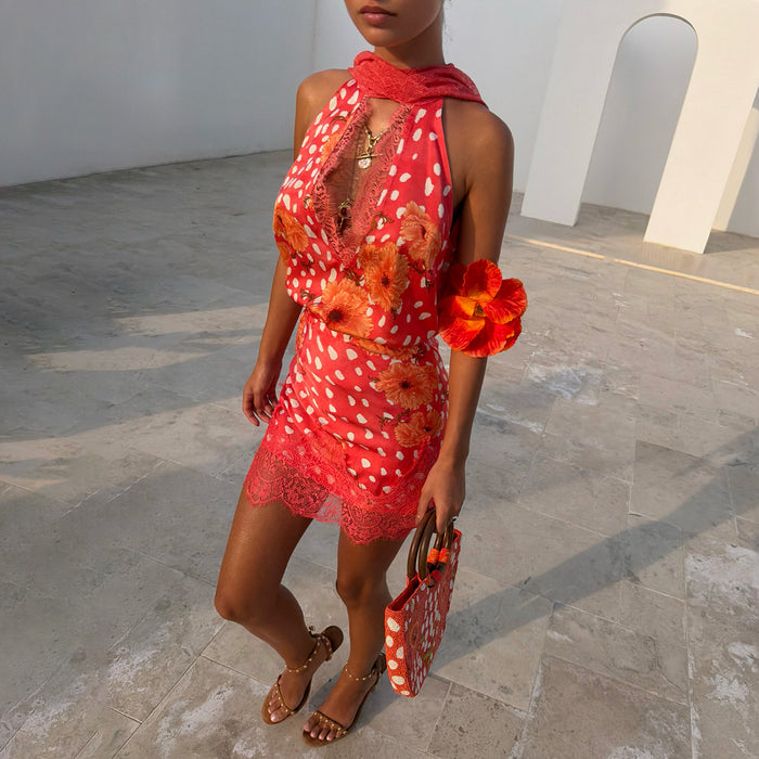 Coral Fawn Poppy Mini Maeva Skirt with lace trim, matching top and bag in a poppy and deer print.