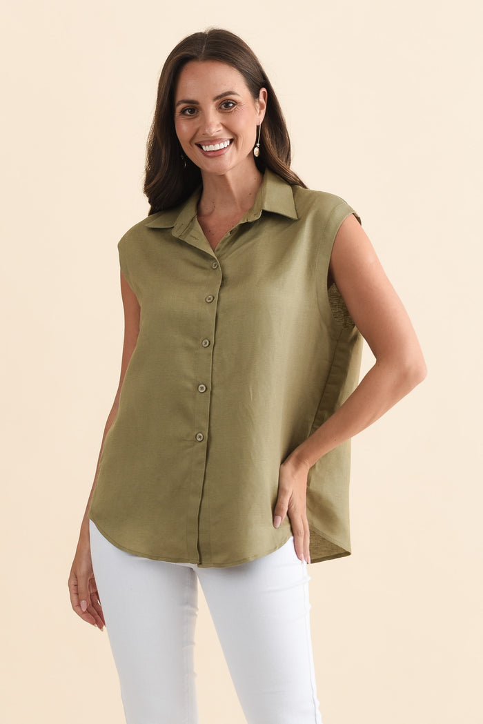 Corbin Khaki Linen Blend Button Top,Brunette model,alt text|model:MJ
