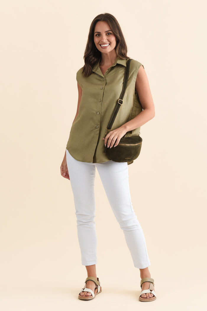 Corbin Khaki Linen Blend Button Top,Brunette model,alt text|model:MJ