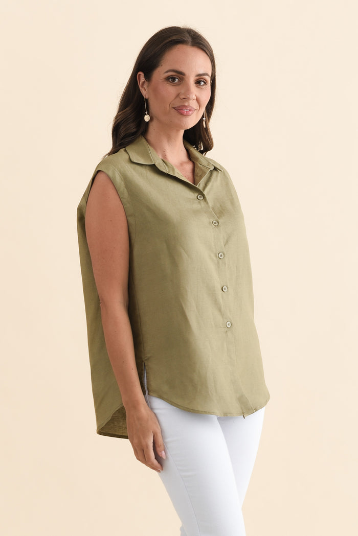 Corbin Khaki Linen Blend Button Top,Brunette model,alt text|model:MJ