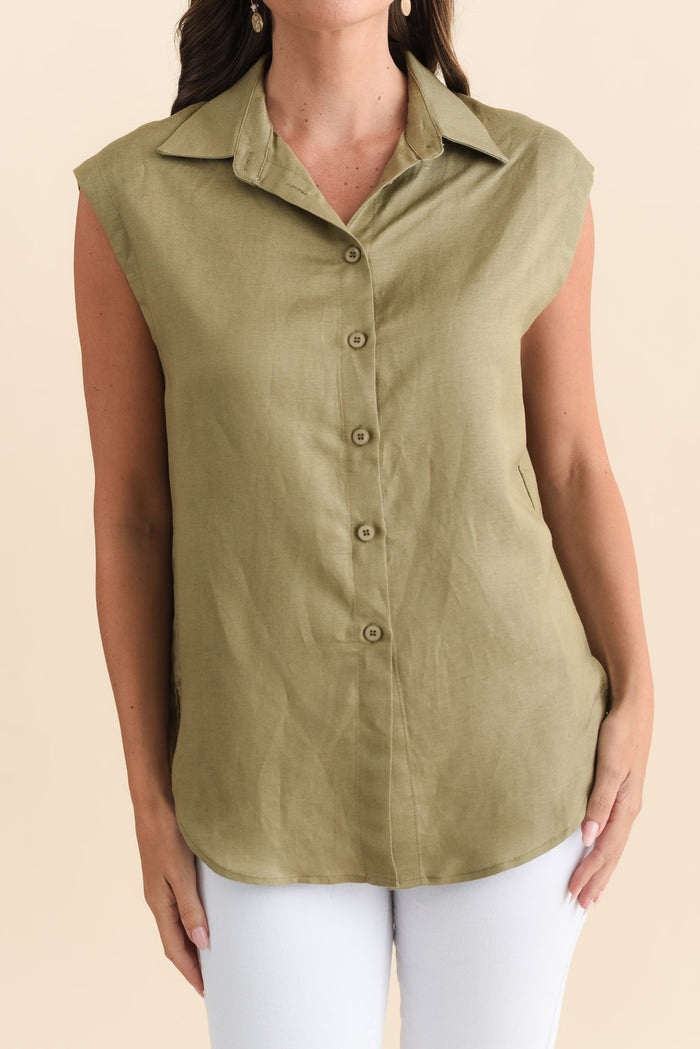 Corbin Khaki Linen Blend Button Top,Brunette model,alt text|model:MJ
