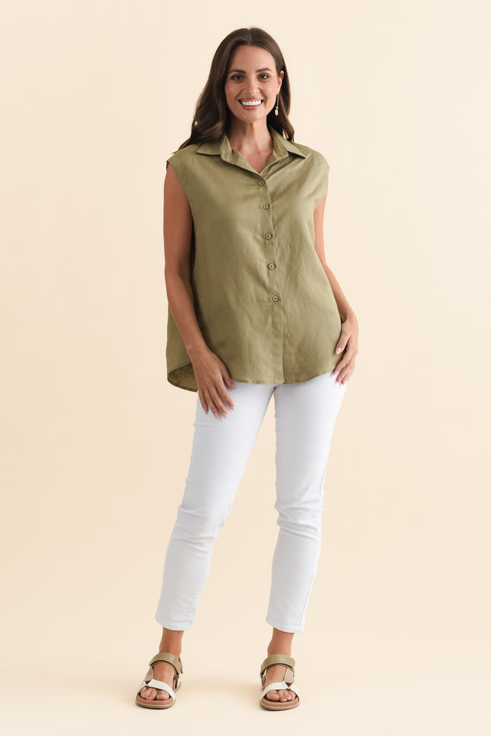 Corbin Khaki Linen Blend Button Top,Brunette model,alt text|model:MJ