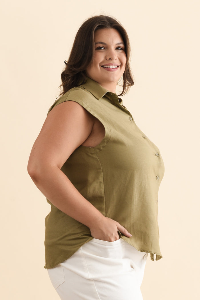 Corbin Khaki Linen Blend Button Top,Brunette model,alt text|model:Gabby