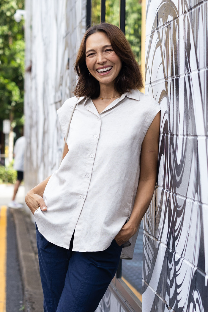 Corbin Natural Linen Blend Button Top,Lifestyle