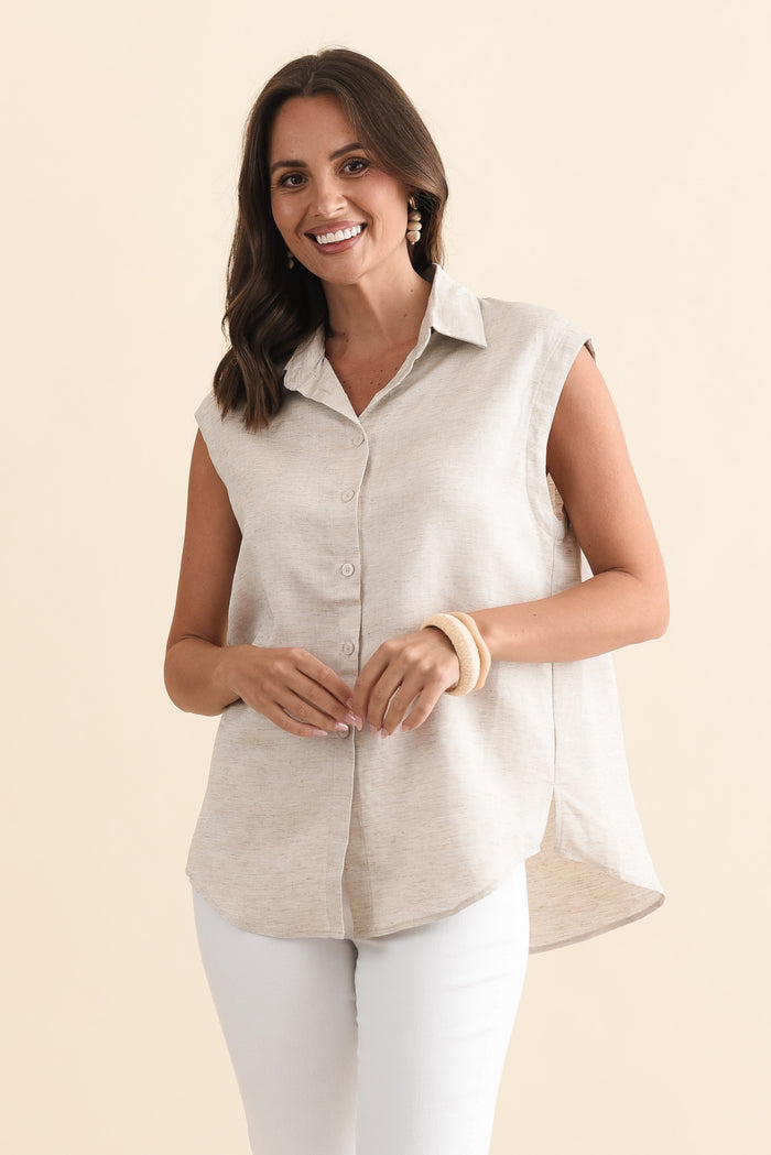 Corbin Natural Linen Blend Button Top,Brunette model,alt text|model:MJ