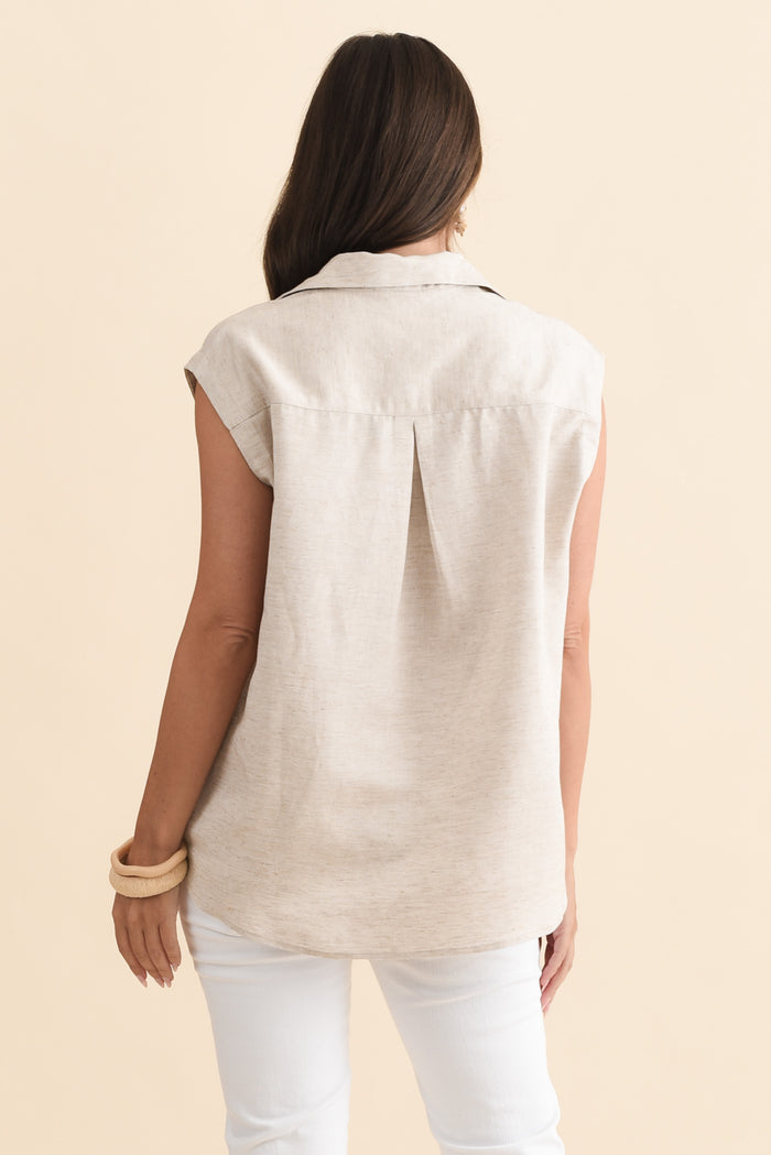 Corbin Natural Linen Blend Button Top,Brunette model,alt text|model:MJ