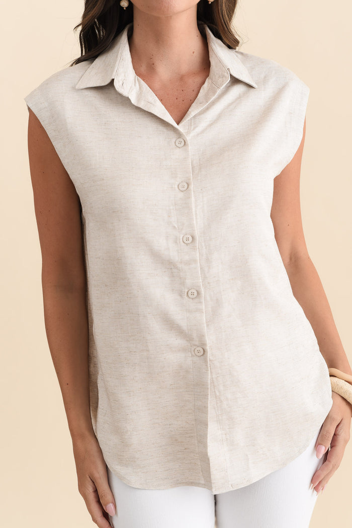 Corbin Natural Linen Blend Button Top,Brunette model,alt text|model:MJ