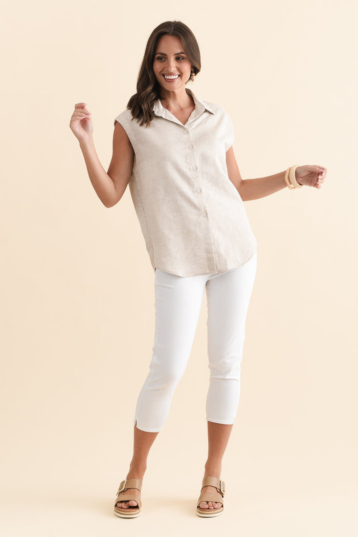 Corbin Natural Linen Blend Button Top,Brunette model,alt text|model:MJ