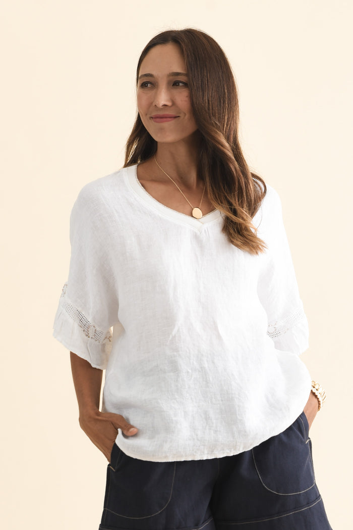 Corina White Linen V Neck Top,Brunette model,alt text|model:Cara