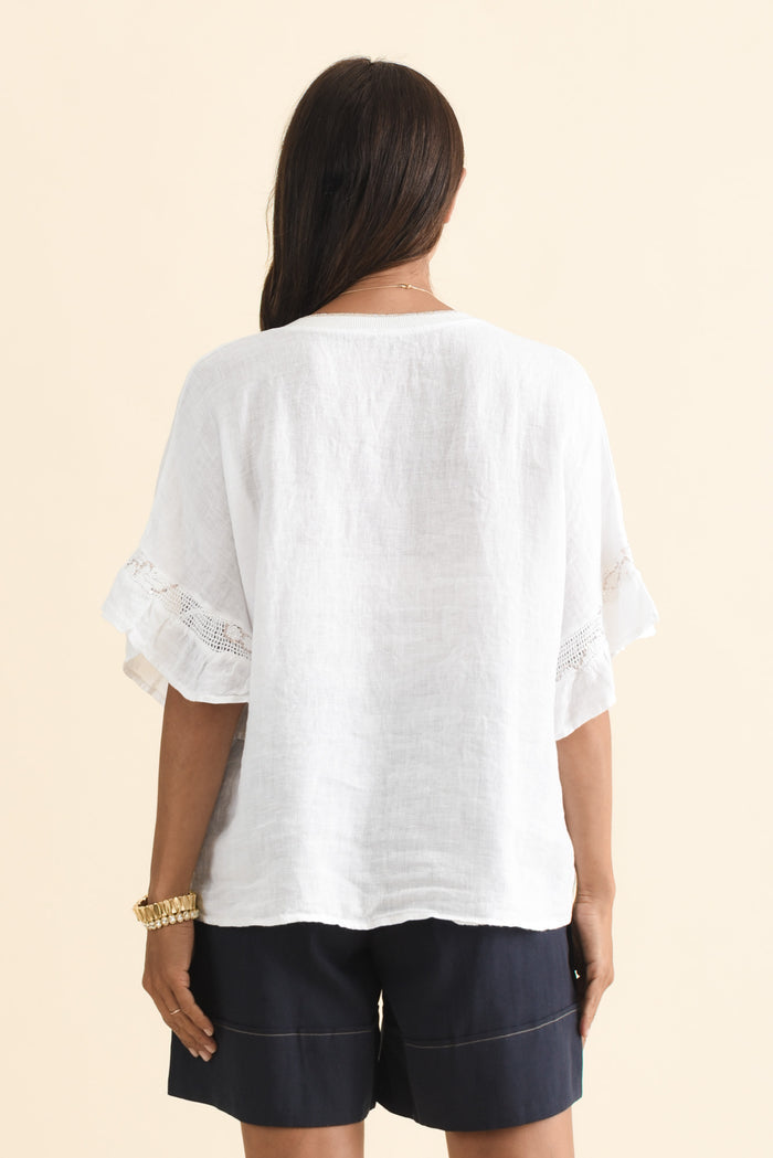 Corina White Linen V Neck Top,Brunette model,alt text|model:Cara