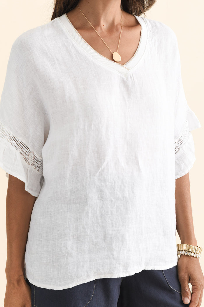 Corina White Linen V Neck Top,Brunette model,alt text|model:Cara