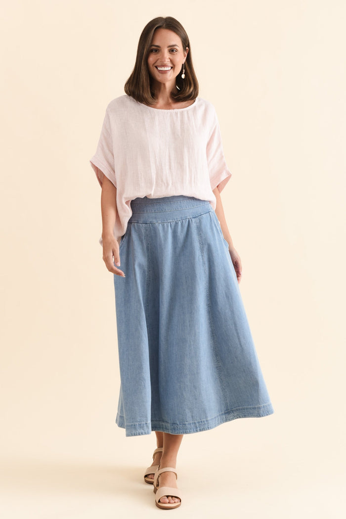 Darcy Light Wash Denim Skirt,Brunette model,alt text|model:MJ