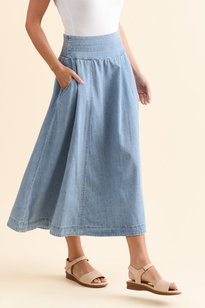 Darcy Light Wash Denim Skirt,Brunette model,alt text|model:MJ