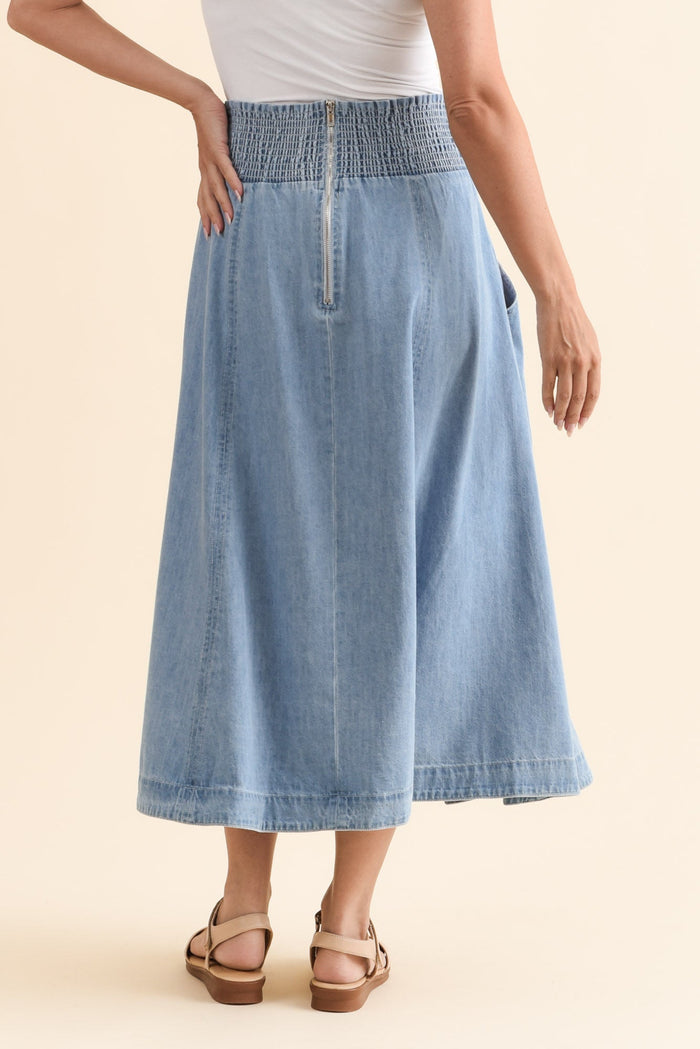 Darcy Light Wash Denim Skirt,Brunette model,alt text|model:MJ