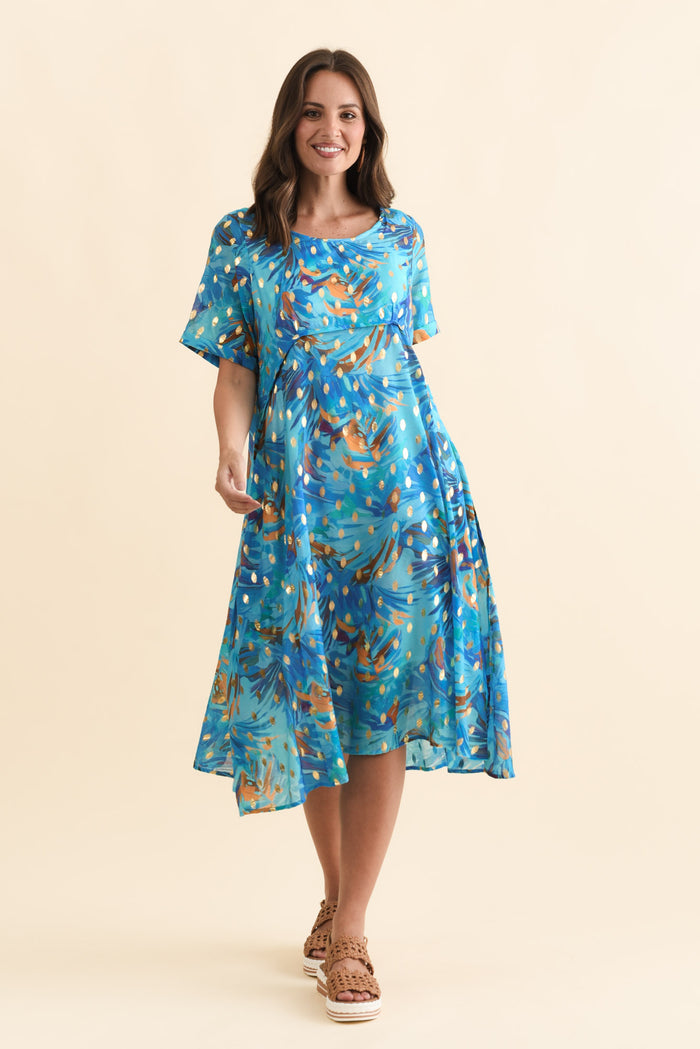 Darling Aqua Burst Foil Crescent Dress,Brunette model,alt text|model:MJ