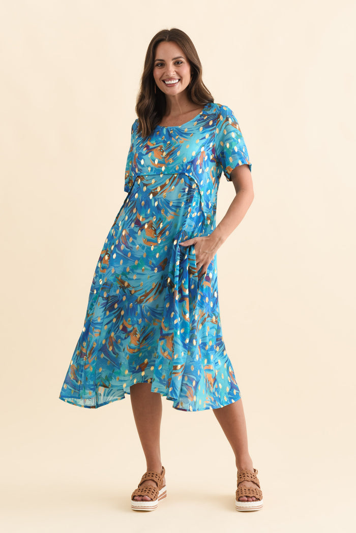 Darling Aqua Burst Foil Crescent Dress,Brunette model,alt text|model:MJ