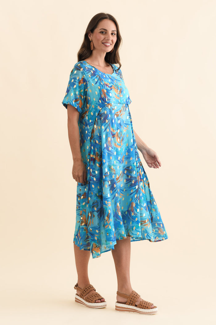 Darling Aqua Burst Foil Crescent Dress,Brunette model,alt text|model:MJ