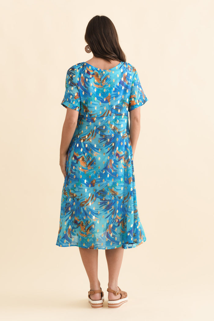 Darling Aqua Burst Foil Crescent Dress,Brunette model,alt text|model:MJ